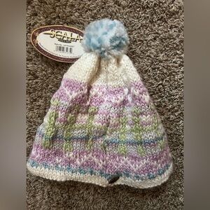 Scala Kids Cream Knit Beanie with Pink, Green & Blue Pastel Pattern